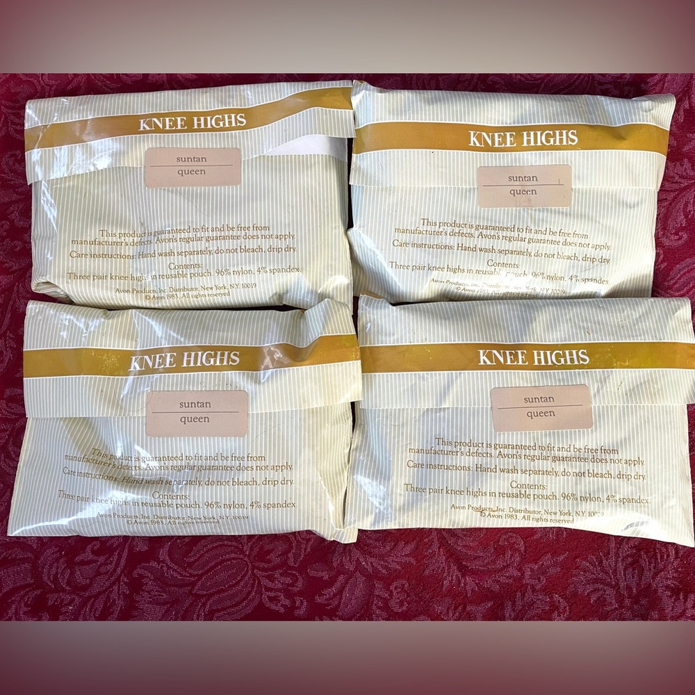 4 New Packages (total 12 pairs) Avon Knee Highs Queen Size Suntan Vintage 1983